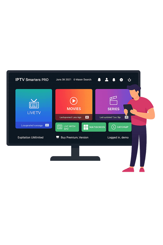 IPTV Smarters Pro subscription banner showcasing flexible 1-month, 3-month, and 6-month IPTV plans with instant access to over 17,000 live TV channels and 40,000+ VOD movies and series in HD and 4K. Compatible with Firestick, Android, iOS, Smart TVs, and more—no VPN required. Best IPTV service USA for sports, news, and international channels with fast activation and 24/7 support.