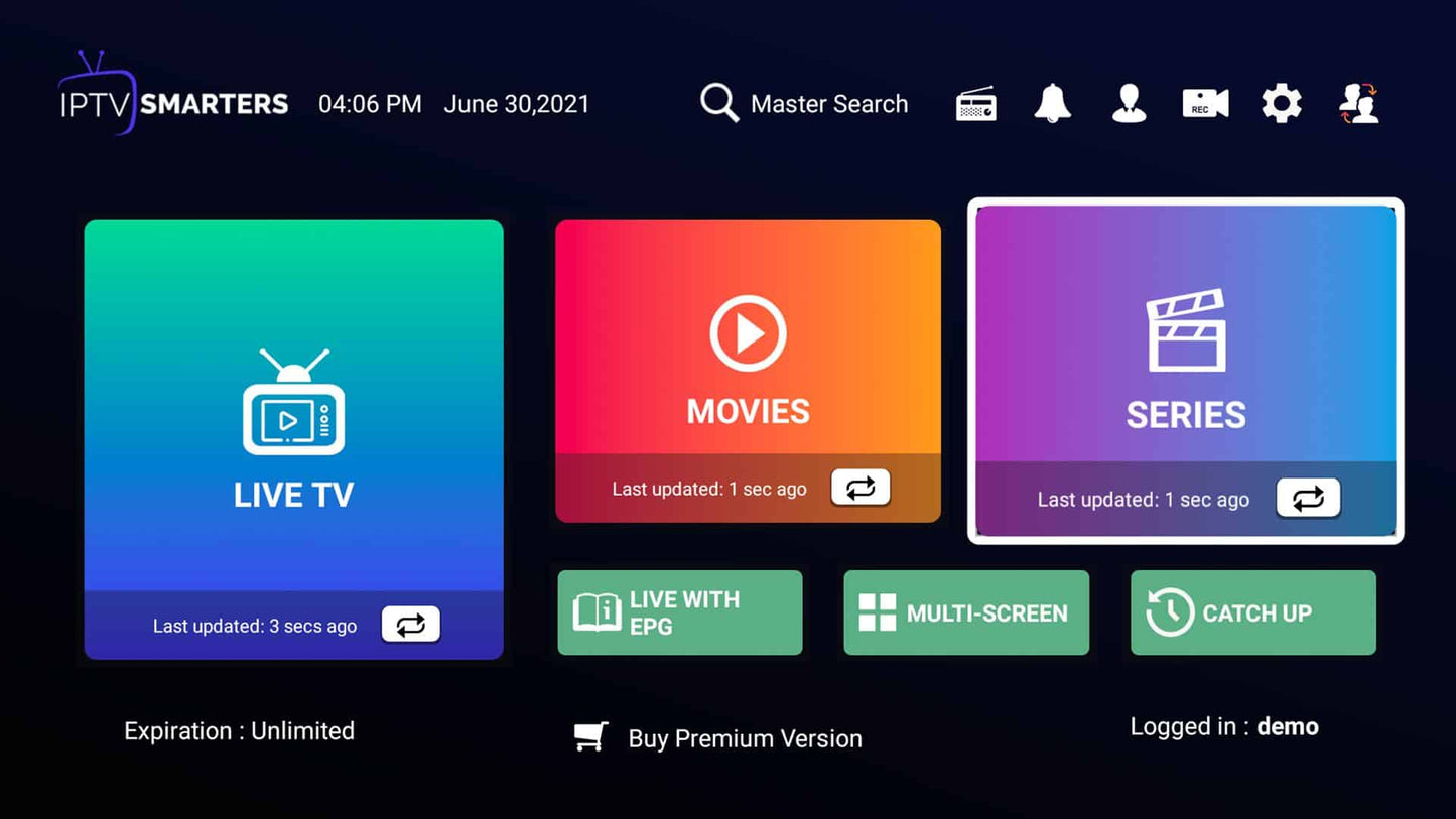 IPTV Smarters app interface with live TV, movies, and series options on a black background.
