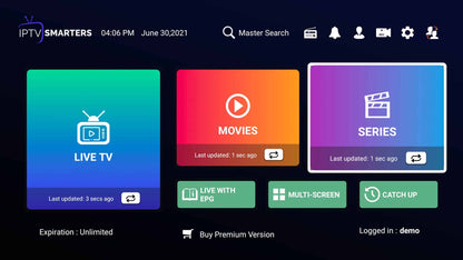 IPTV Smarters app interface with live TV, movies, and series options on a black background.